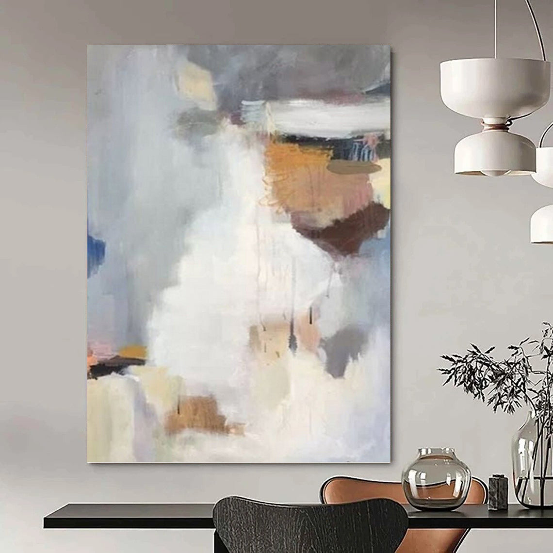 “Soft - Hued Abstract Fusion” - Gray, White & Brown Textured Painting On Canvas DKH0956