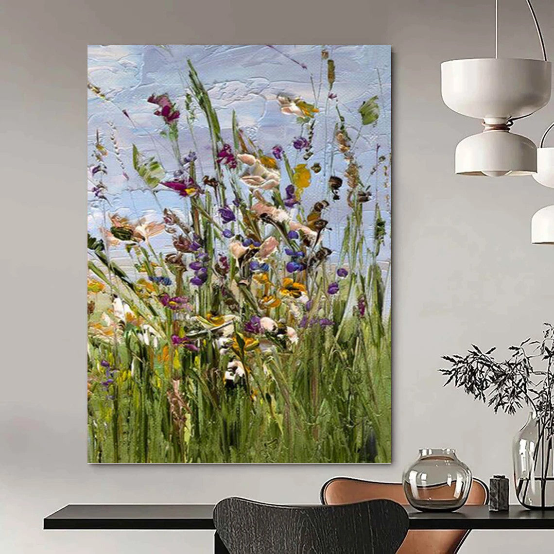 “Colorful Wildflower Impasto” - Purple, Yellow & Green Floral Painting On Canvas DKH0947