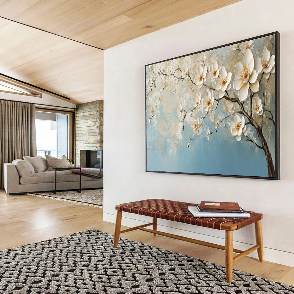 Textured White Blossoms on Blue Painting On Canvas DKH671