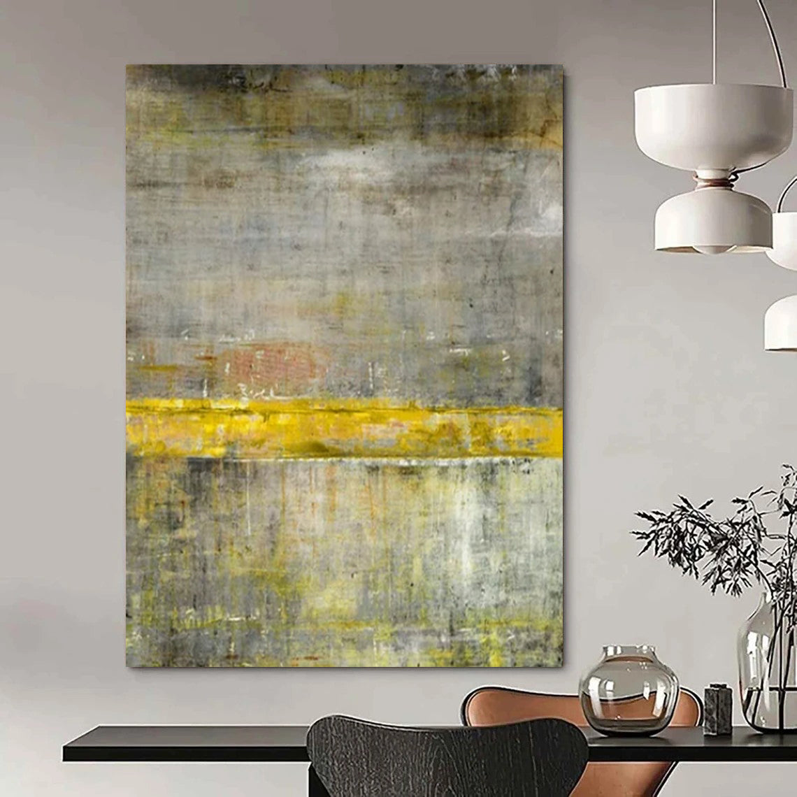 Gray & Yellow Abstract Divide - Minimalist Abstract Painting On Canvas CT2294