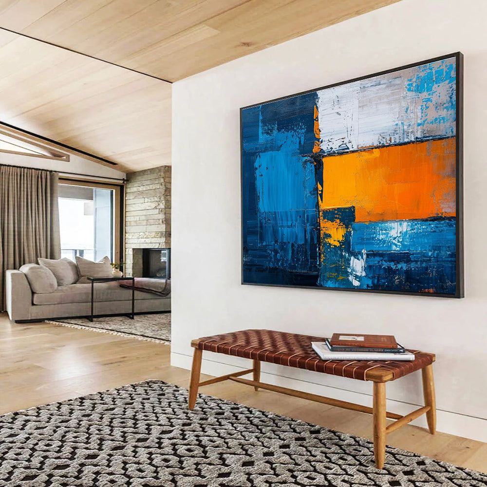 Bold Blue and Orange Geometric Abstract Painting On Canvas DKH273