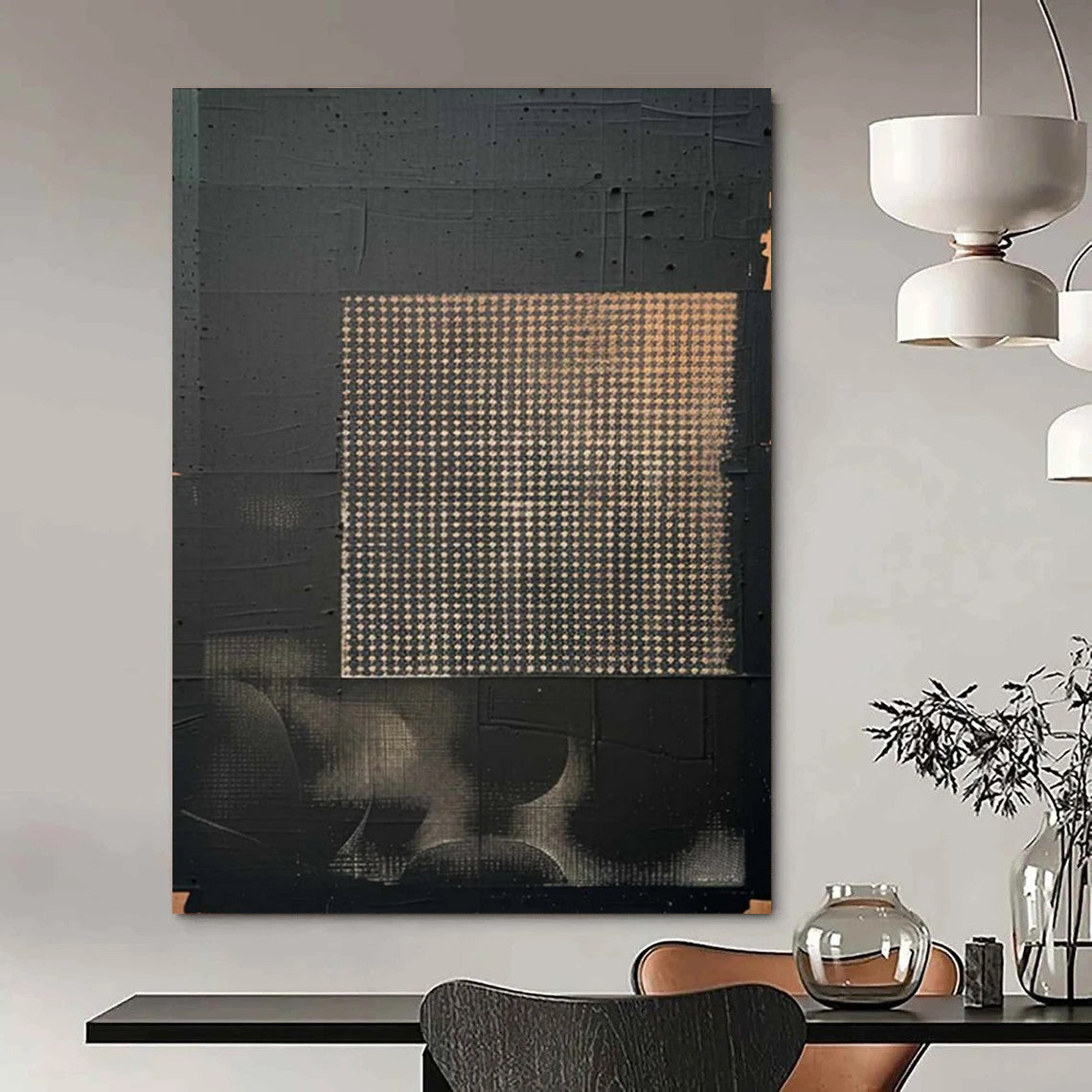 “Black - Gold Grid Abstract” - Black, Gold, Gray Minimalist Abstract Painting On Canvas DTP306