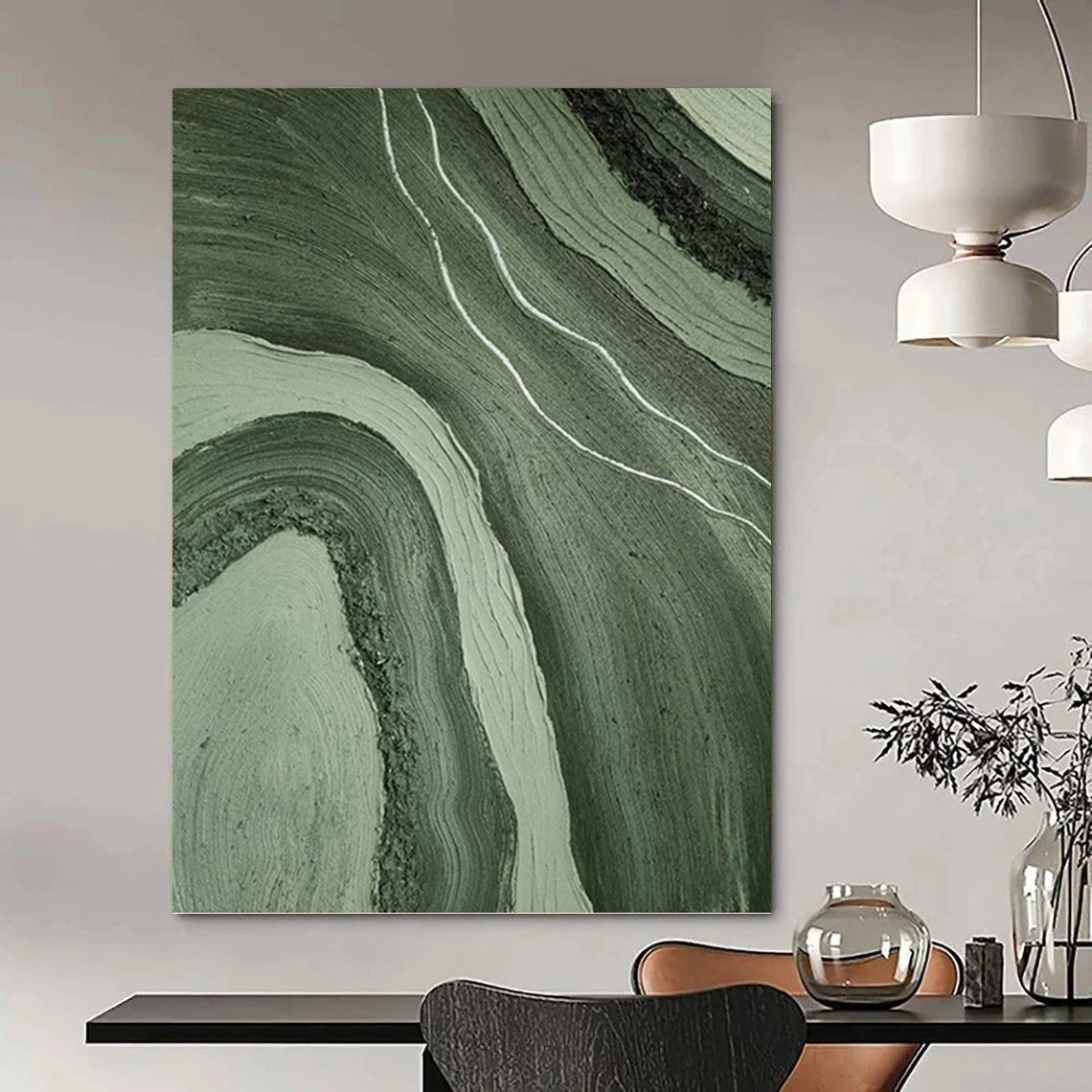 Flowing Green and Gray Abstract Layers - Abstract Painting On Canvas DKH1484