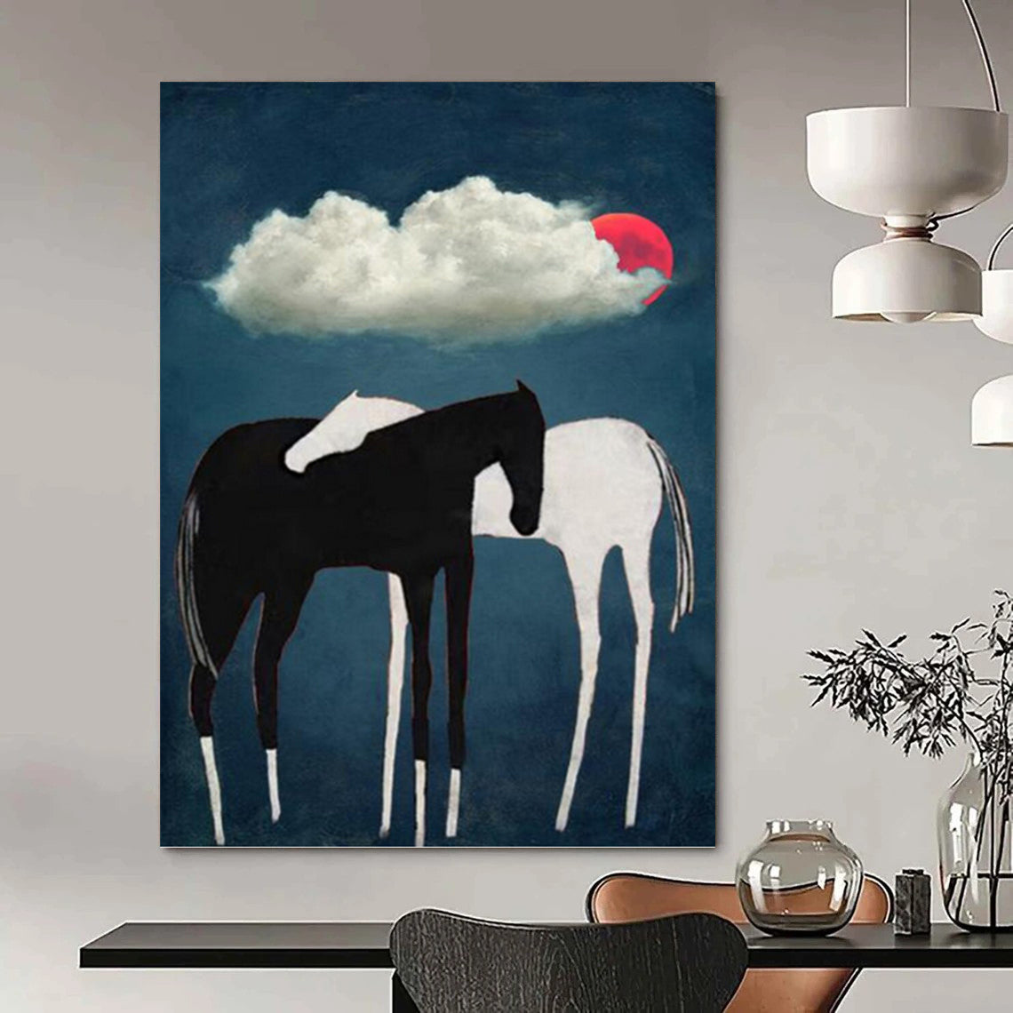Black and White Horses Under Red Moon and Cloud - Equine Painting On Canvas DKH1418