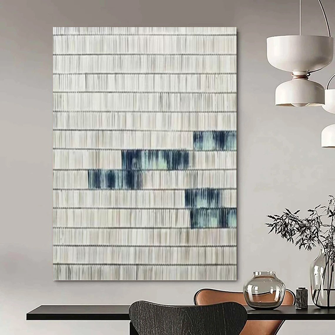 “Blue - Accented Textured Stripes” - Gray & Blue Minimalist Textured Painting On Canvas DKH1033