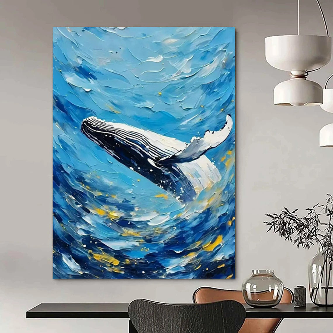 Blue - White Whale in Waves - Seascape - Inspired Impasto Painting On Canvas CT2282