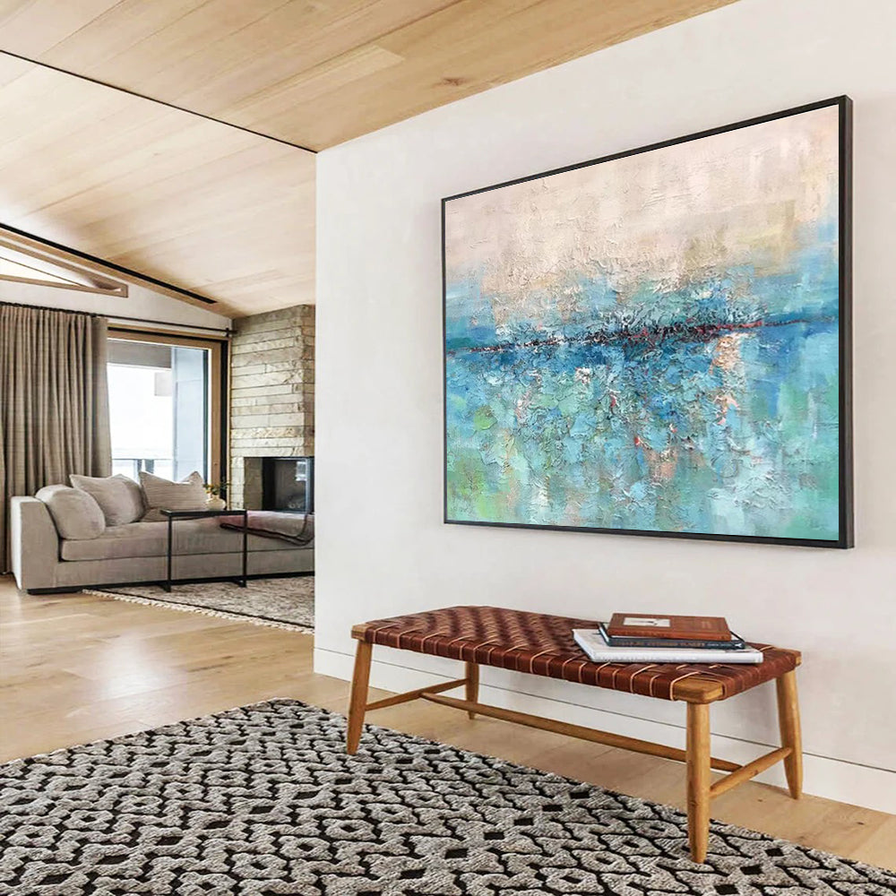 “Blue & Green Textured Waterscape” Impasto Landscape Painting On Canvas DKH355