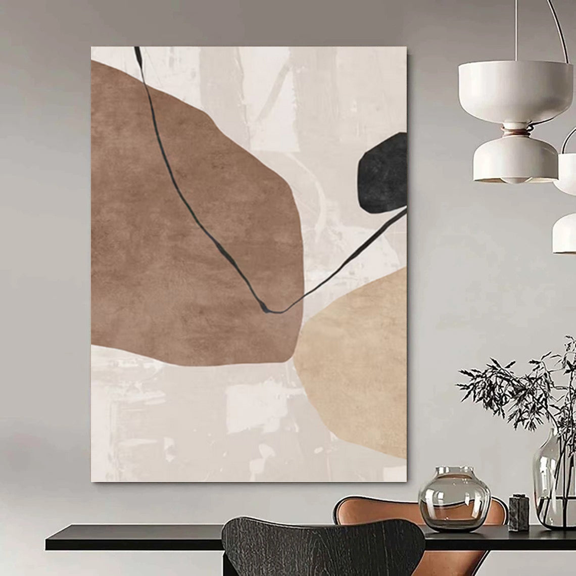 “Earth Tones Link” - Brown, Beige & Black Minimalist Shapes Painting On Canvas DKH1519