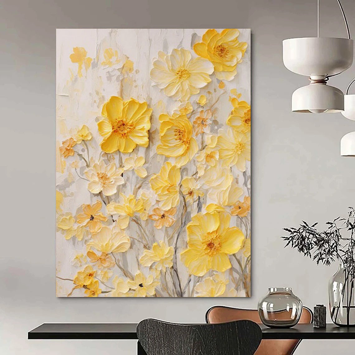 “Yellow Floral Relief” - Yellow, White, Gray Textured Floral Painting On Canvas DTP289