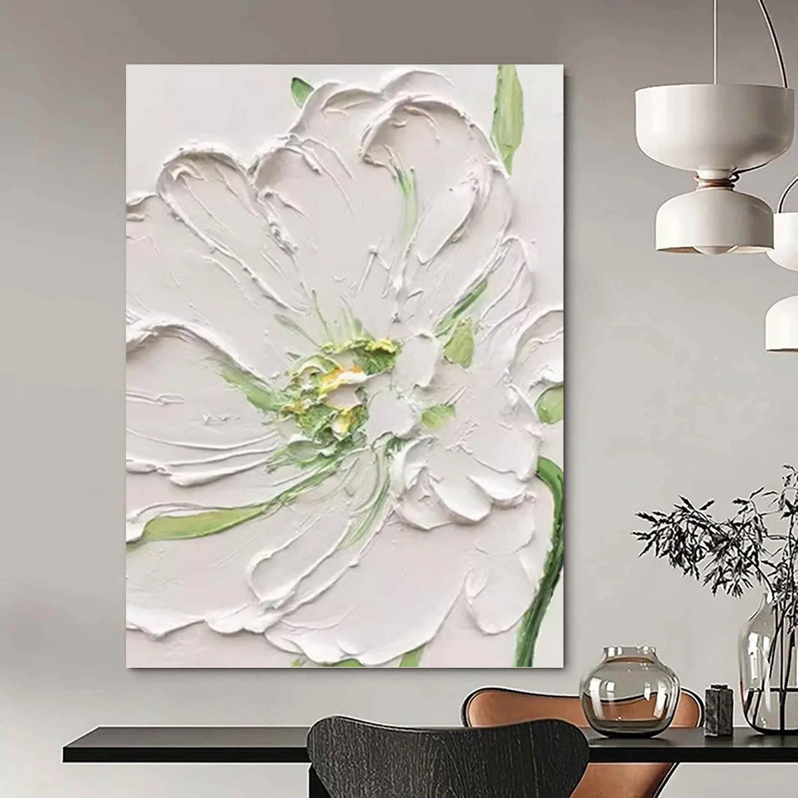 White Flower with Green Accents - Textured Floral Painting On Canvas DKH1398
