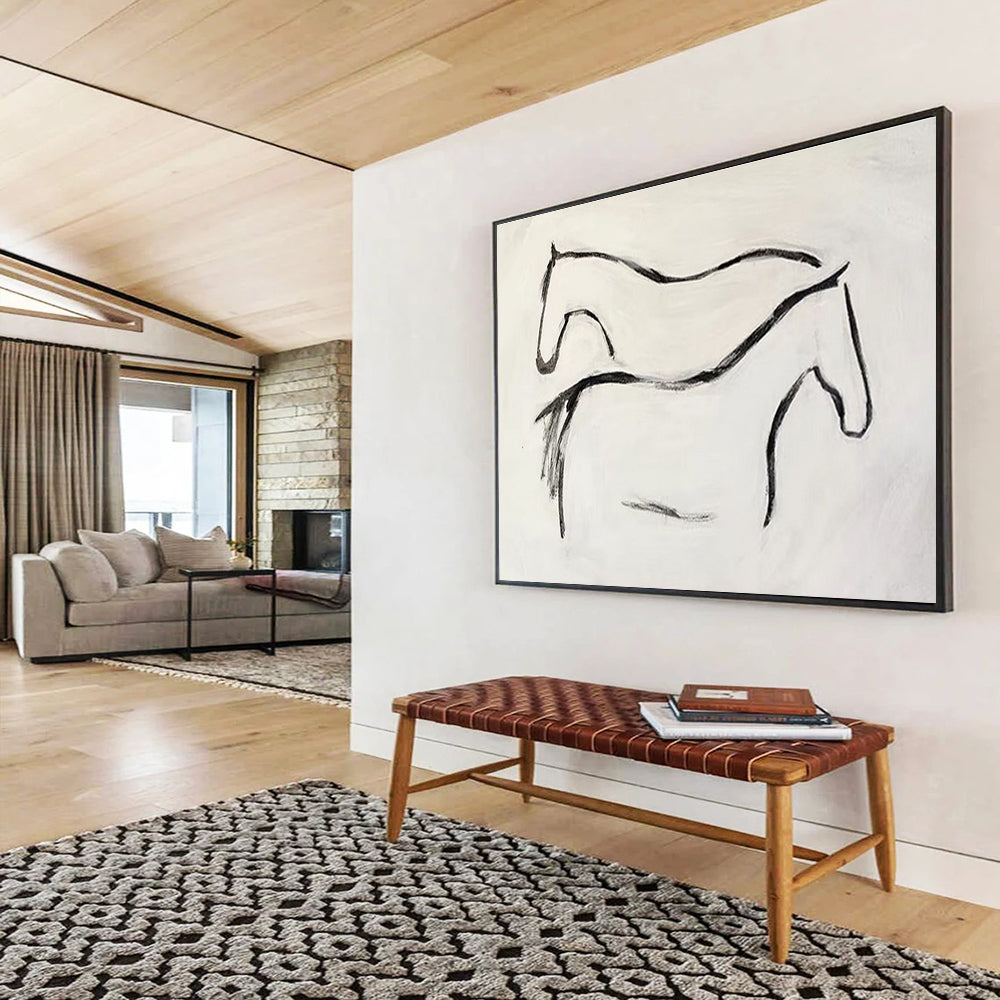 “Ink - Drawn Equine Silhouettes” - Black, White Minimalist Horse Painting On Canvas DKH751
