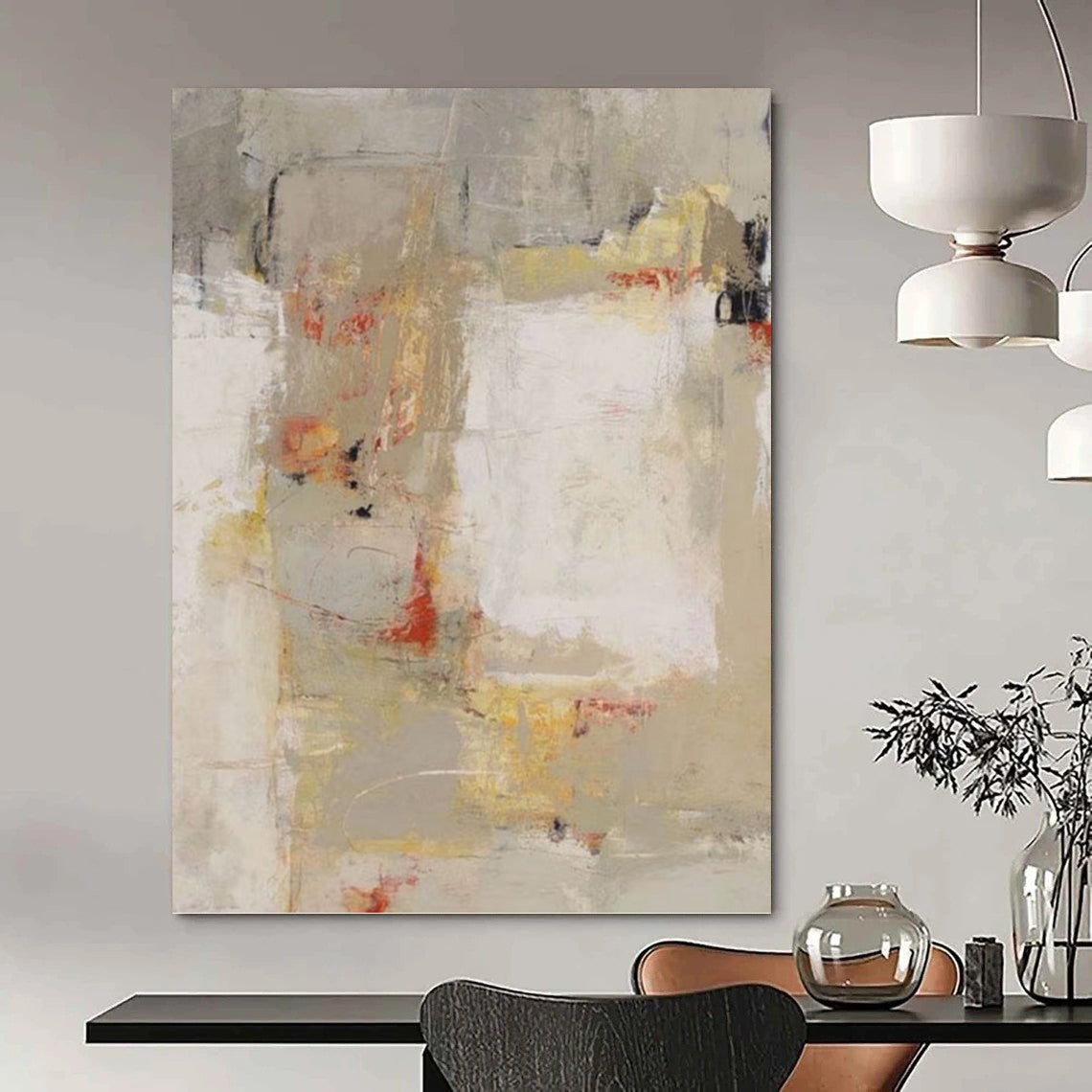 Neutral Tones with Red and Yellow Abstract - Abstract Painting On Canvas DKH1424
