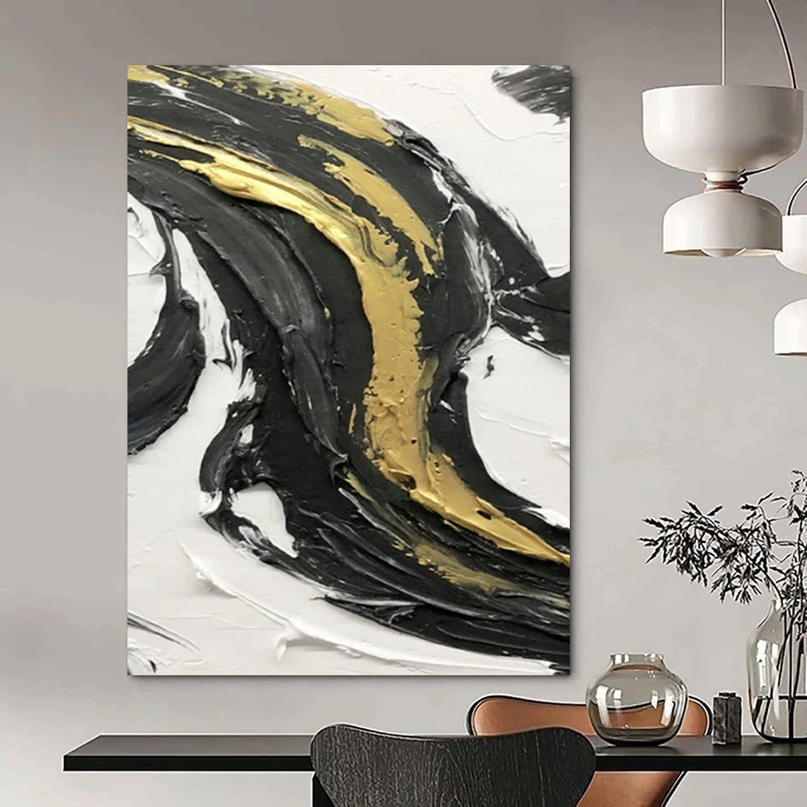 “Black, White, Gold Textured Swirls ‘Luxury Motion’” - Impasto Abstract Painting On Canvas DTP379