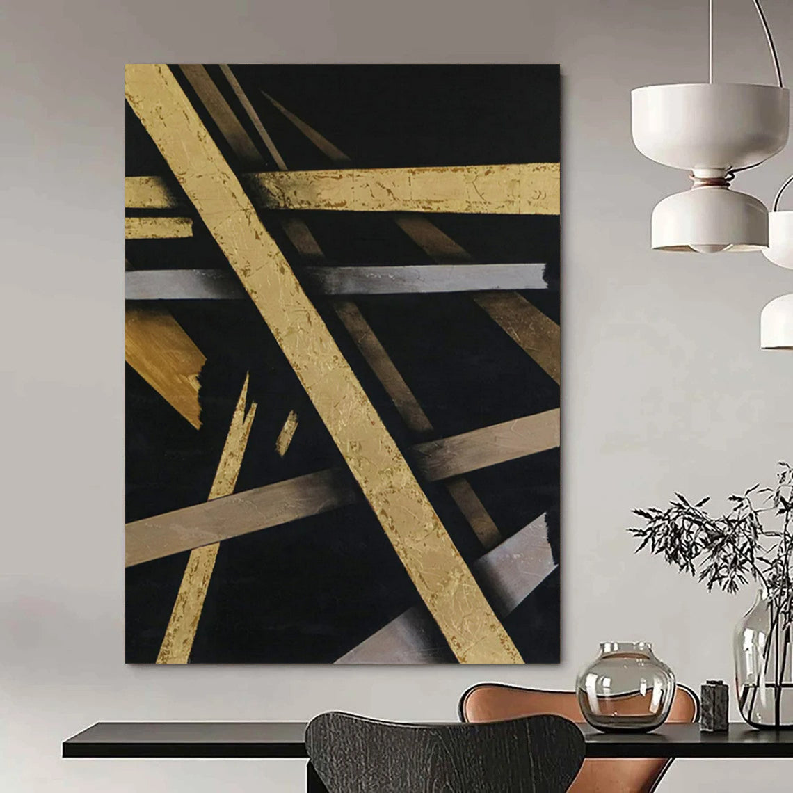 “Gilded Geometric Abstract - Gold, Silver, and Black” Painting On Canvas CT2388