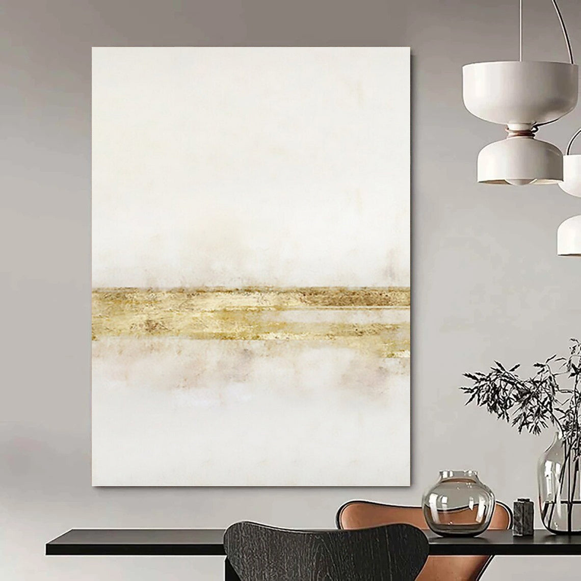 “Gilded Simplicity” - White & Gold Minimalist Stripes Painting On Canvas DKH1538