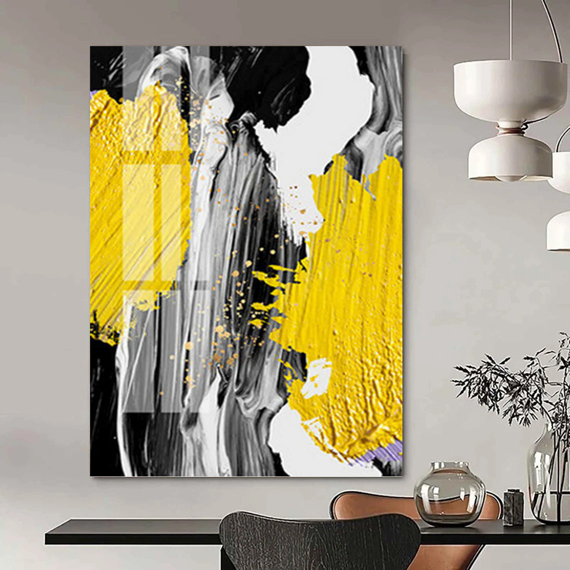 “Vibrant Strokes” - Yellow, Gray, Black & Gold Abstract Splashes Painting On Canvas DKH1526