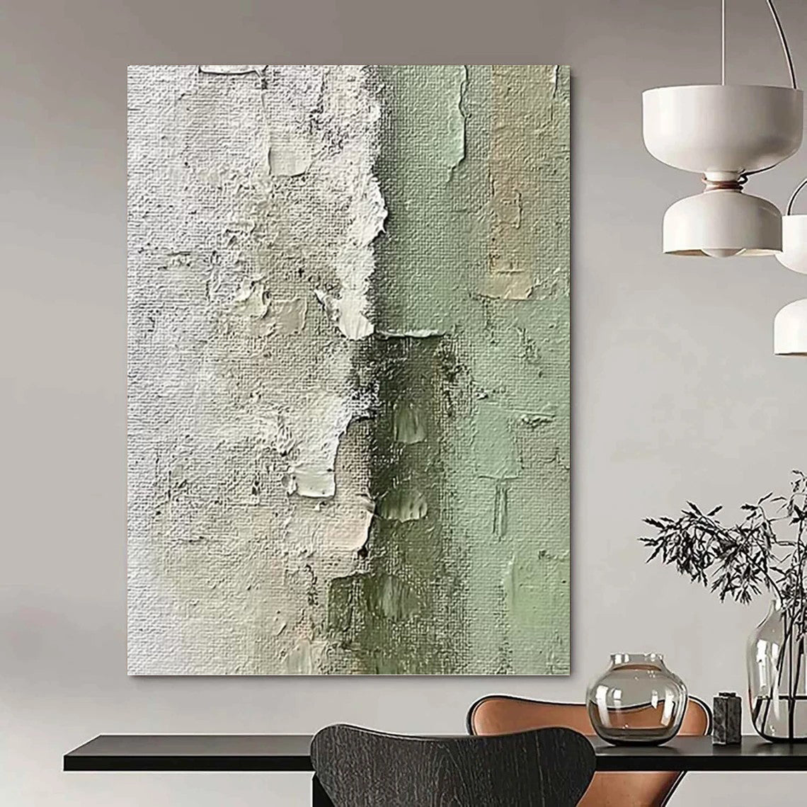 “Textured Green & White Abstract” - Green, White & Gray Minimalist Painting On Canvas DKH1002