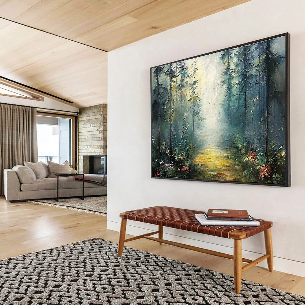 Misty Forest Path - Green & Yellow Landscape Painting On Canvas DKH871