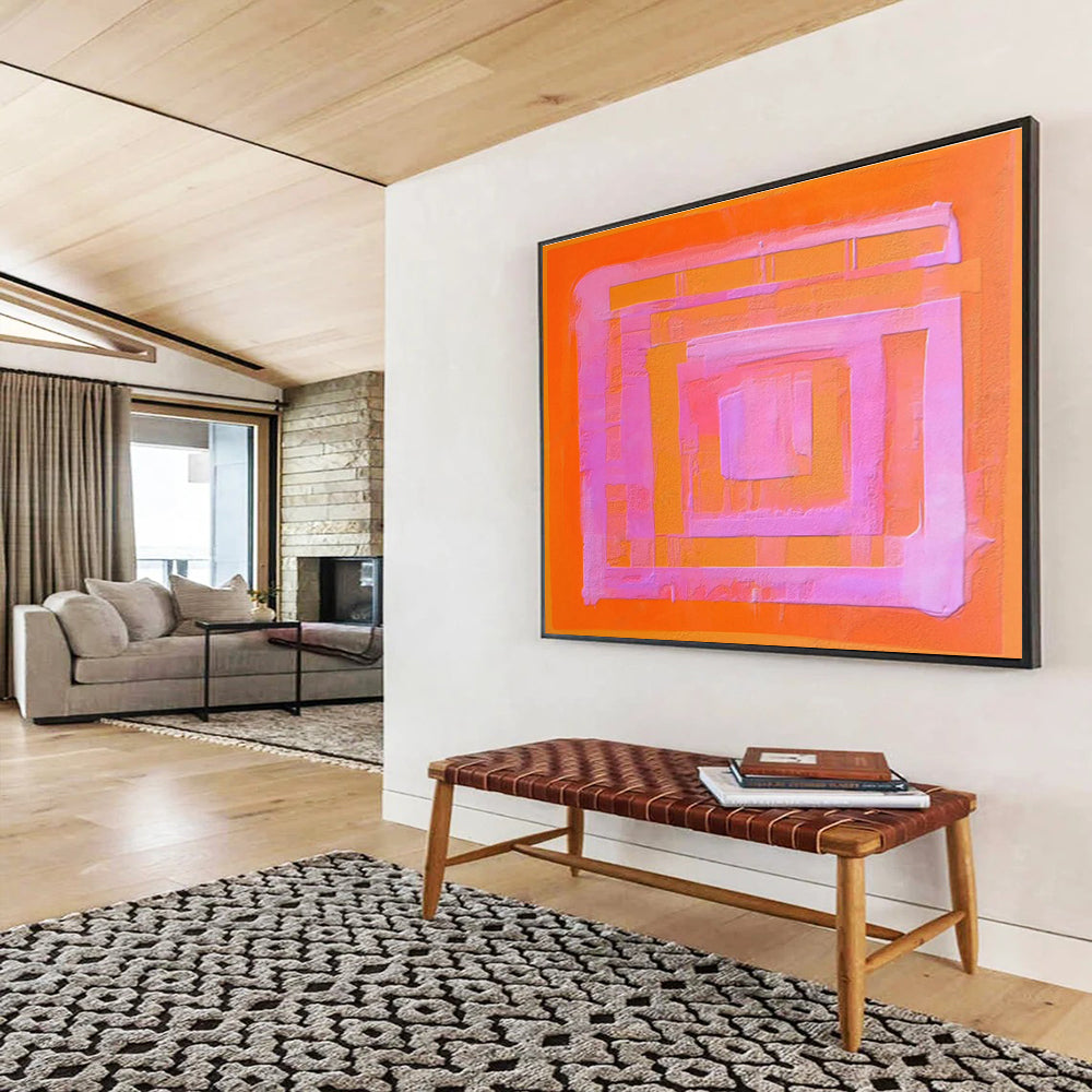 “Orange & Pink Geometric Layers” Minimalist Abstract Painting On Canvas DKH368