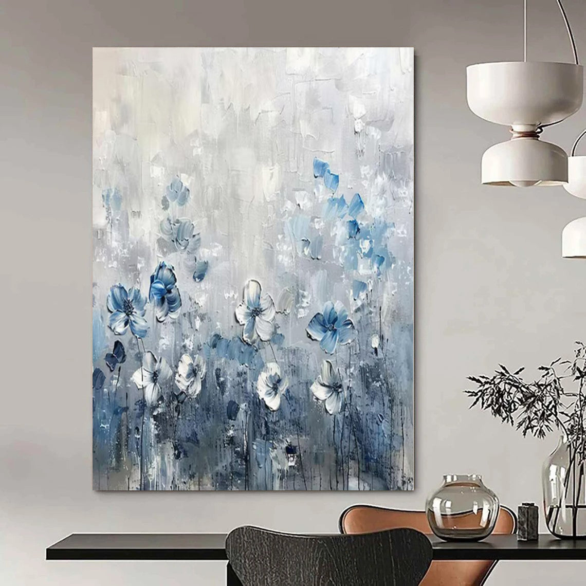 “Textured Blue - White Floral Field” – Impasto Floral Painting CT1086