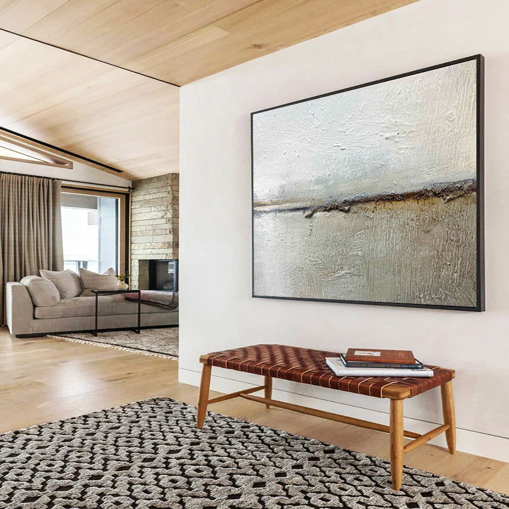 “Textured Neutral Divide” - White, Gray, Brown Minimalist Abstract Painting On Canvas DKH754