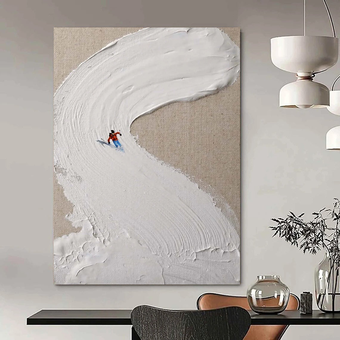 “White, Red, Blue Skiing Scene ‘Snowy Trail’” - Impasto Ski Landscape Painting On Canvas DTP311