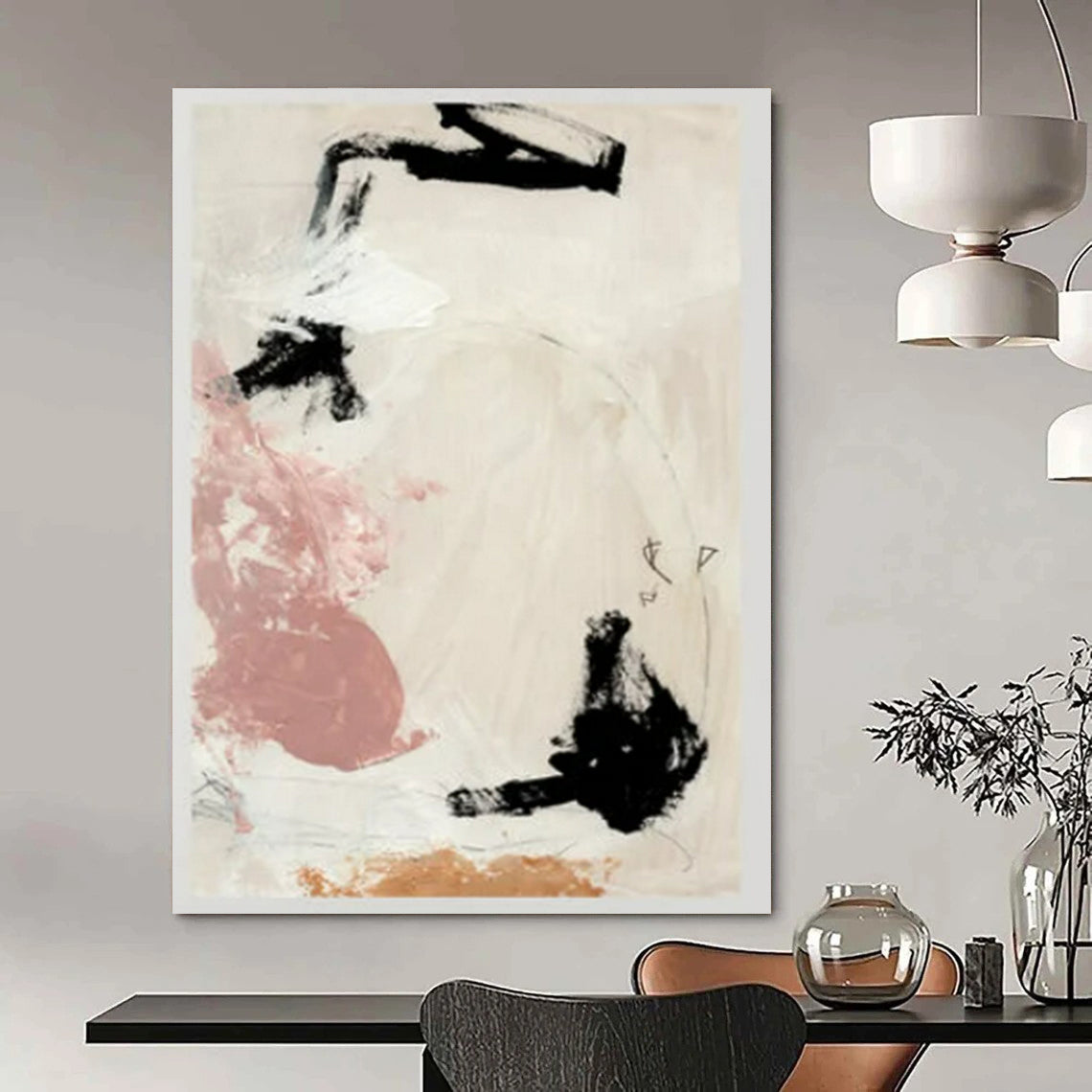 “Black, Pink & Earth - Tone Abstract Forms” - Abstract Painting On Canvas CT2316