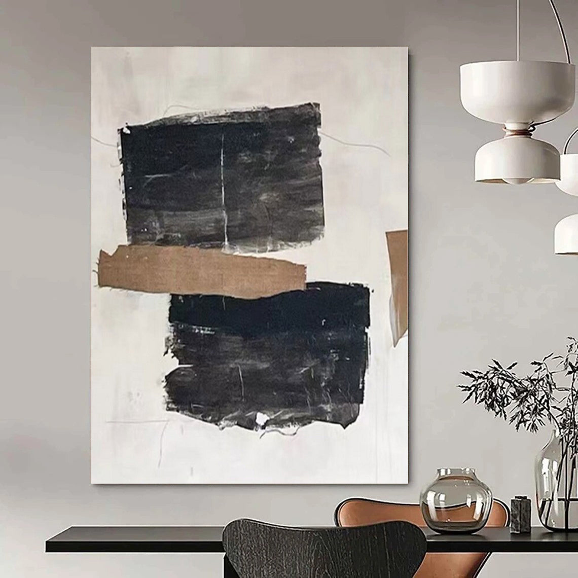 “Black - Brown Collage on White” – Mixed - Media Abstract Art CT1145