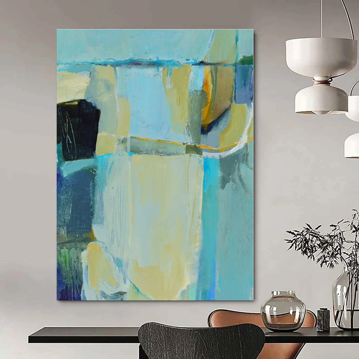 Soft Blue & Beige Abstraction - Abstract Expressionist Acrylic On Canvas CT1308
