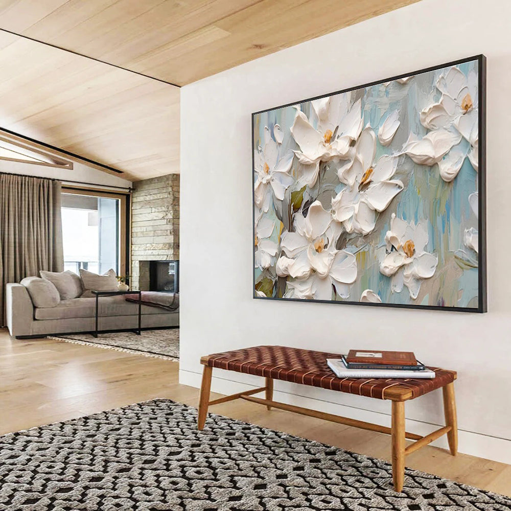 Textured White Floral Painting On Canvas DKH686