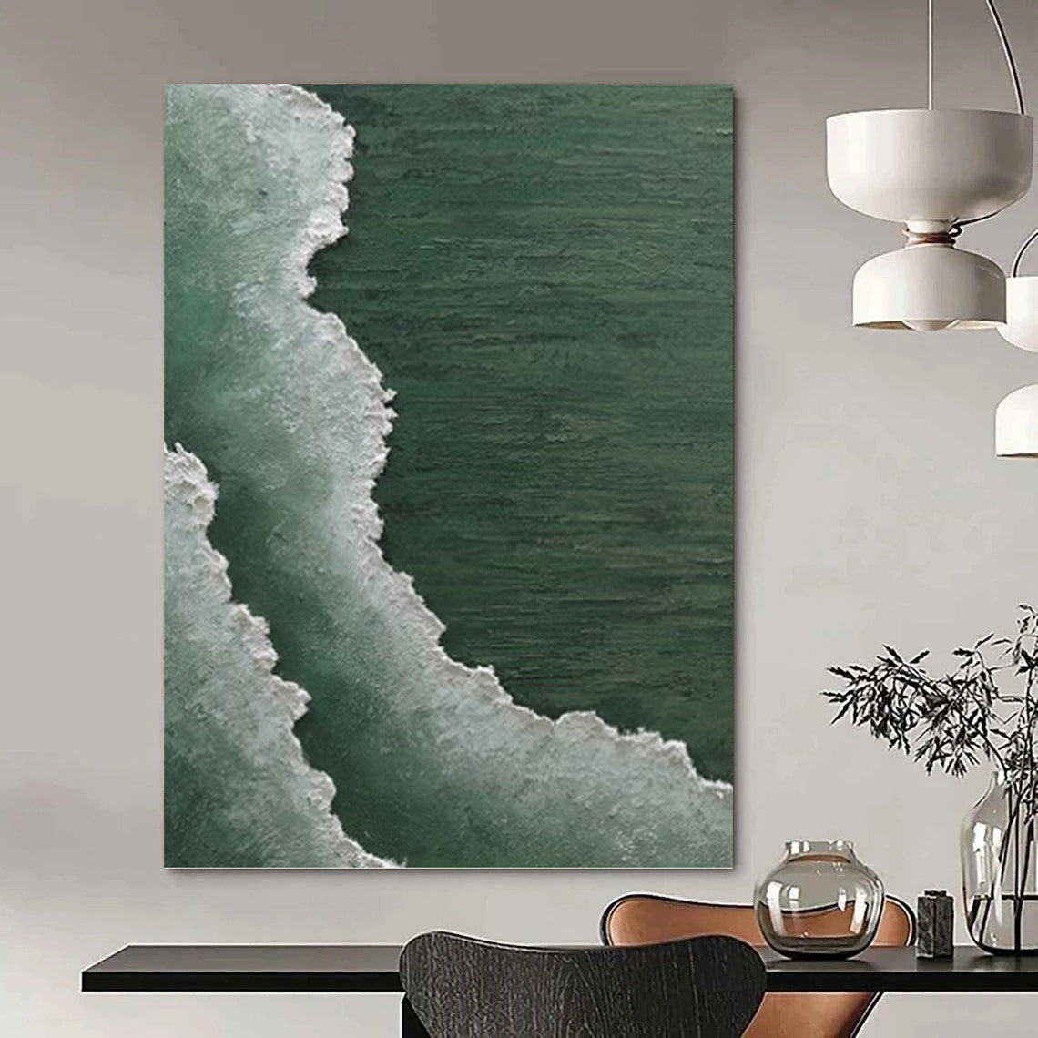 Green and White Wave Abstract - Abstract Painting On Canvas DKH1501