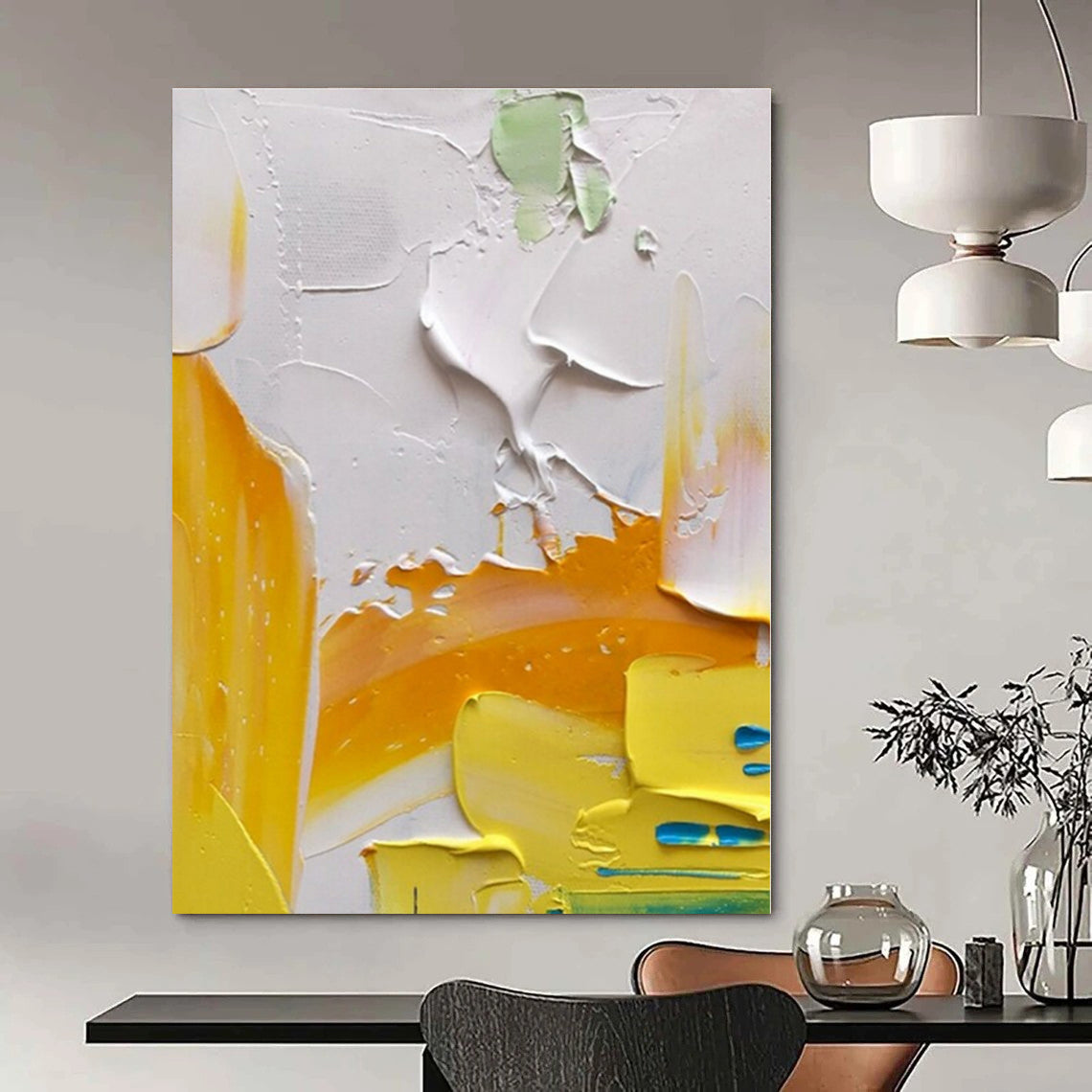 Bright Yellow & White Textured Abstraction - Impasto Abstract Acrylic On Canvas CT1346