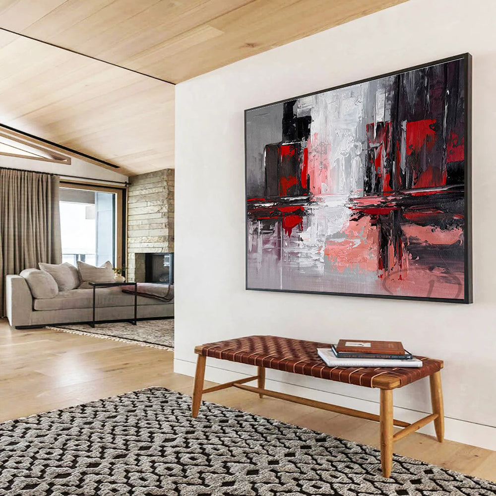Red and Gray Urban Reflections Cityscape Inspired Abstract Painting On Canvas DKH263