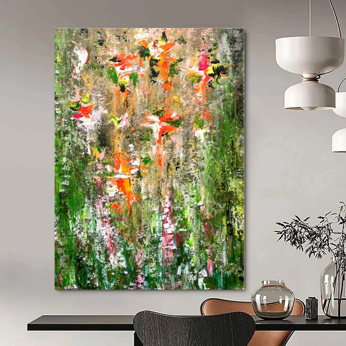 Floral Chaos on Green - Abstract Floral Oil Painting CT1236