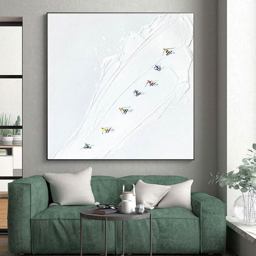 White - based Ski Slope with Colorful Skiers, “Ski Trail Joy” - Minimalist Figurative Acrylic Painting CT0734