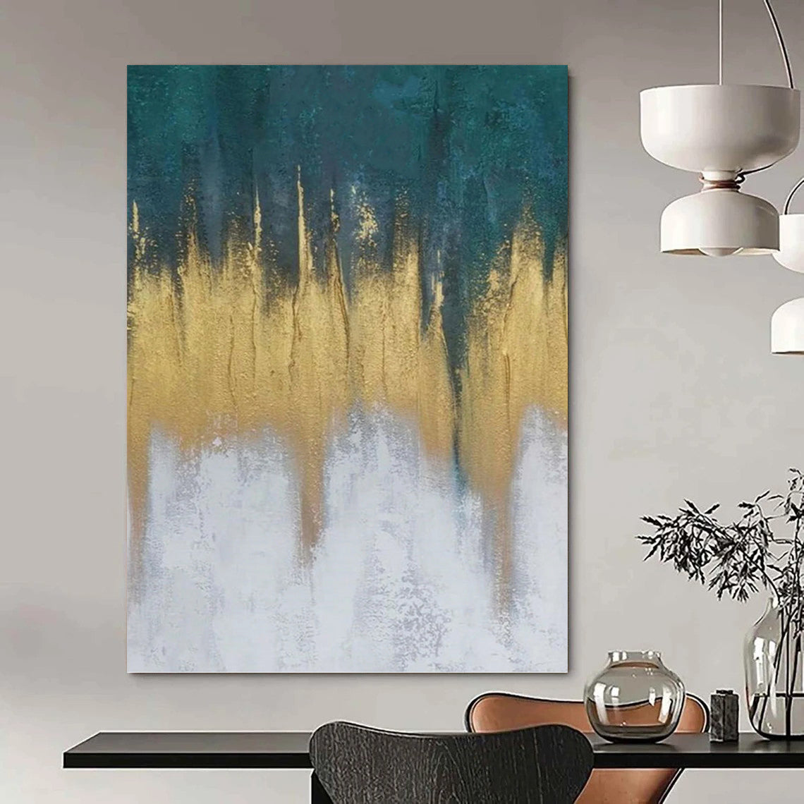 “Teal - Gold - White Abstract Drips” Painting On Canvas DKH1235