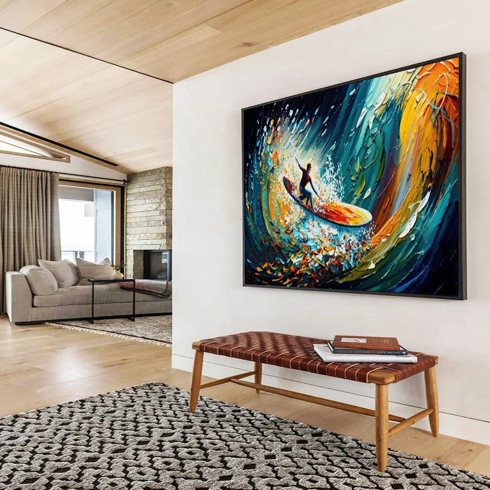 “Surfing the Color Wave” - Vibrant Multicolor Impasto Action Painting On Canvas DLZ259