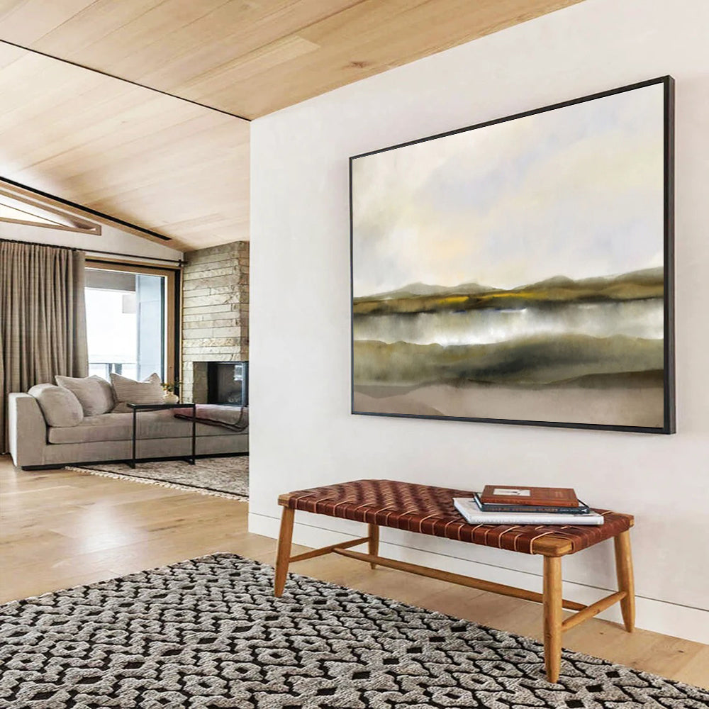 “Muted Tones: Tranquil Lake & Hills” Minimalist Landscape Painting On Canvas DKH361