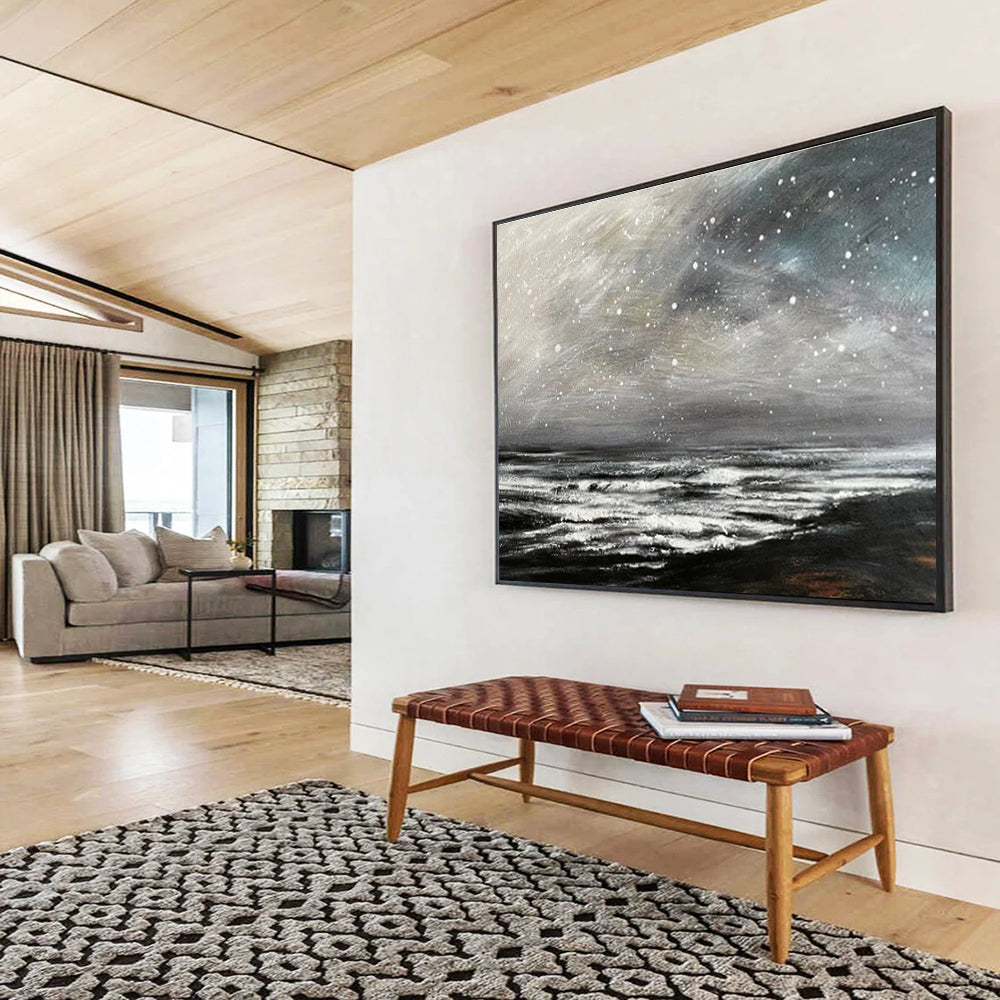 Black and White Starry Ocean “Nocturnal Wave Symphony” Painting On Canvas DKH109