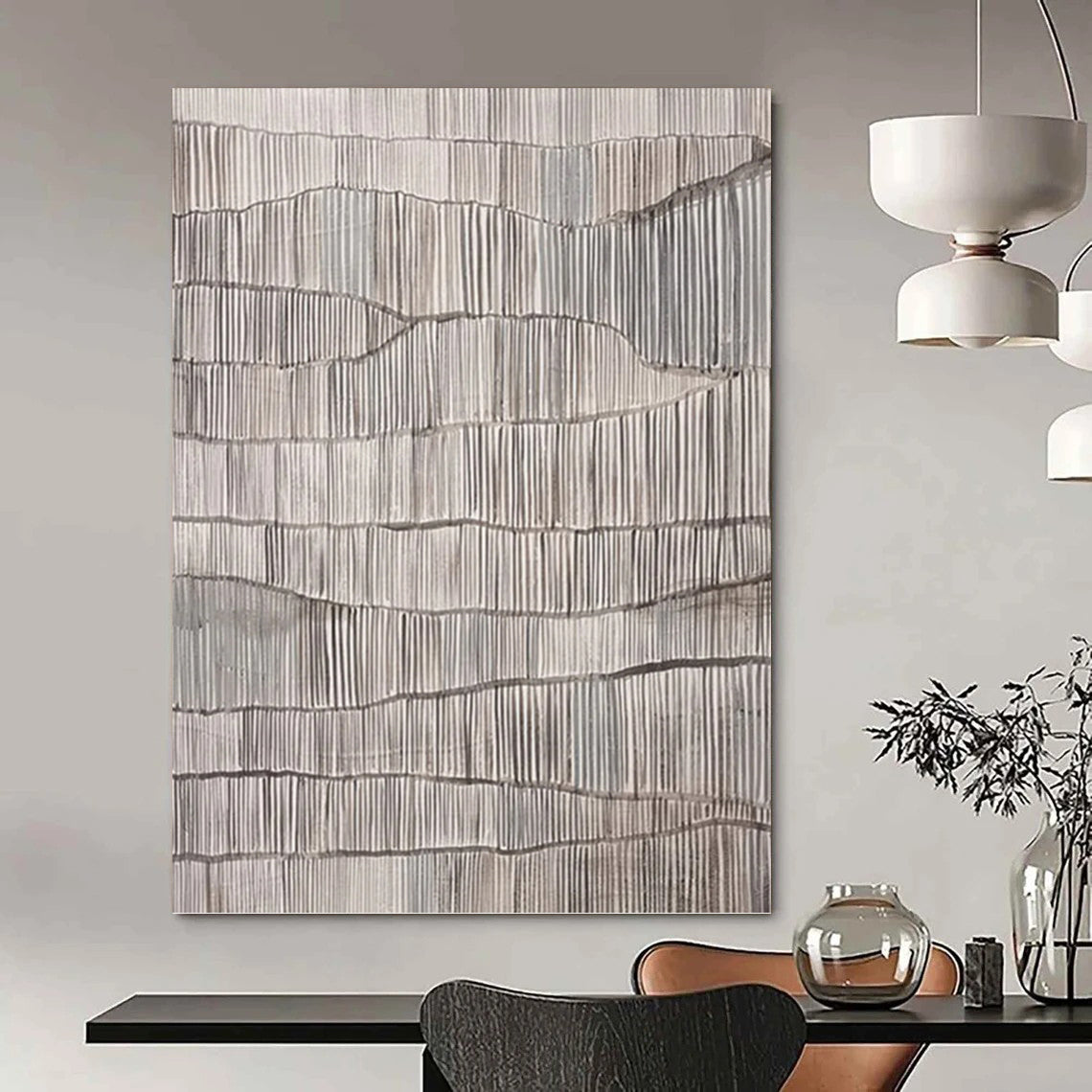 “Repetitive Gray Ridges” - Gray & White Minimalist Textured Painting On Canvas DKH1034