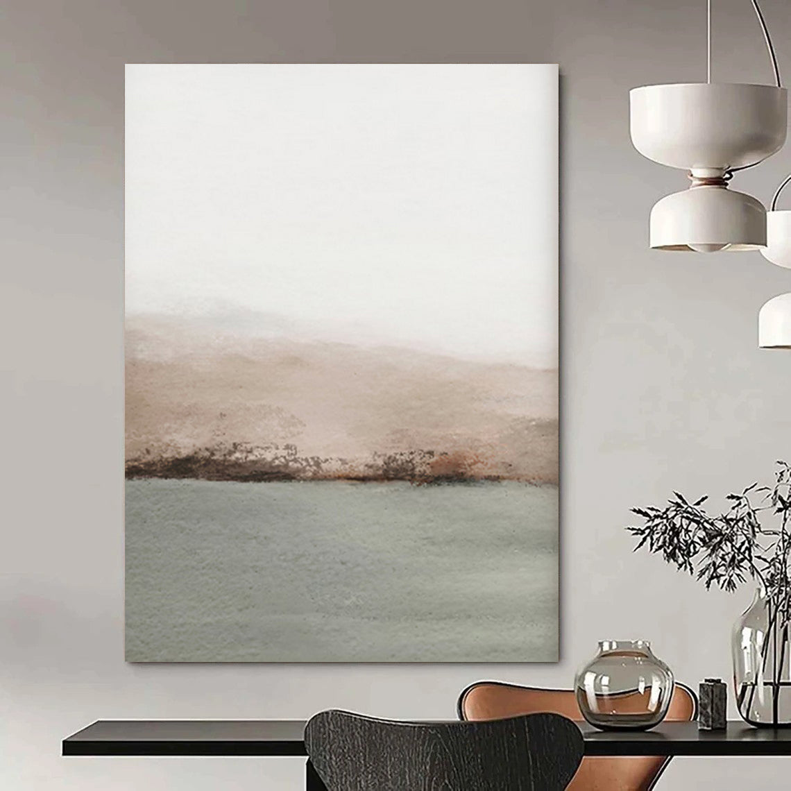 “Simple Horizon Calm” – Minimalist Watercolor Landscape with Beige, Gray, and Green Hues CT2062
