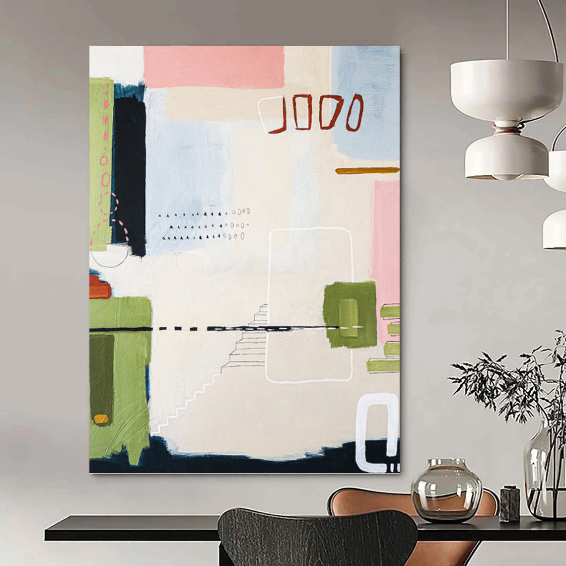“Pastel - Colored Abstract with Geometric and Dotted Details” - Whimsical Abstract Painting On Canvas DKH1109