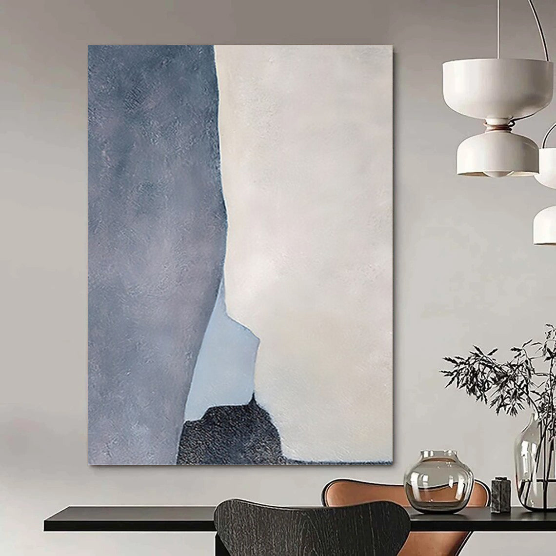 “Geometric Calm” - Gray, White & Light Blue Abstract Shapes Painting On Canvas DKH1539