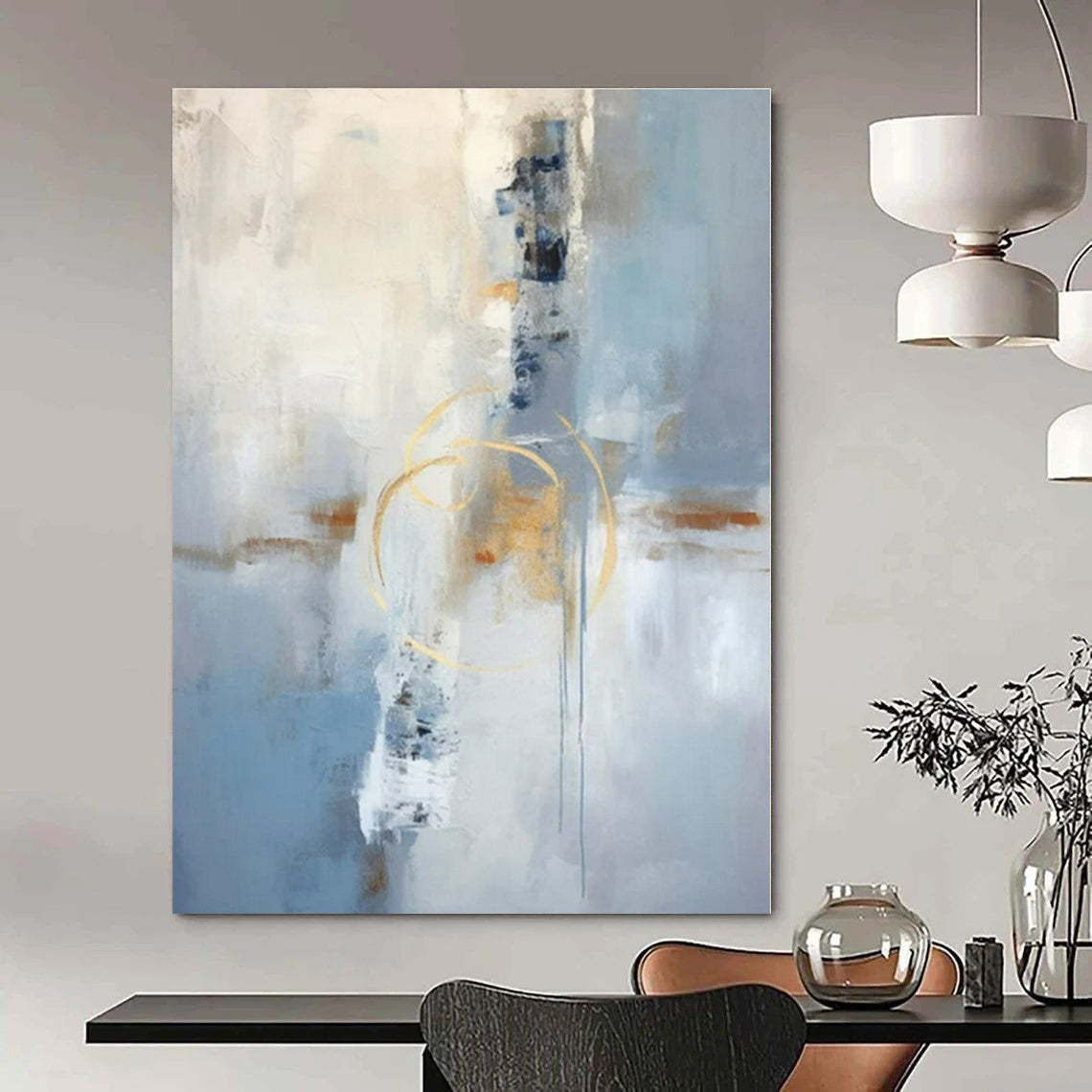 Soft Blue & Gold Abstraction - Abstract Expressionist Acrylic On Canvas CT1333