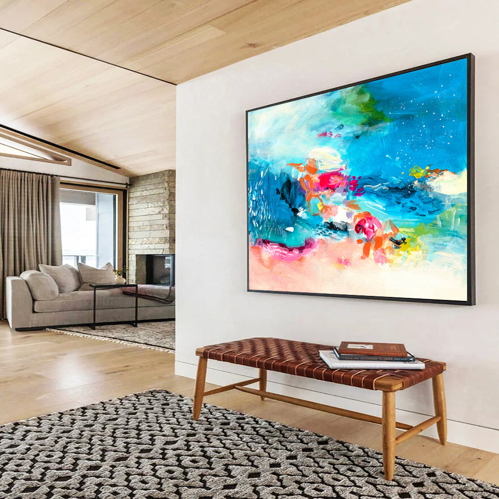 Colorful Abstract Ocean - Blues, Pinks, and Vivid Shapes Painting On Canvas DKH031