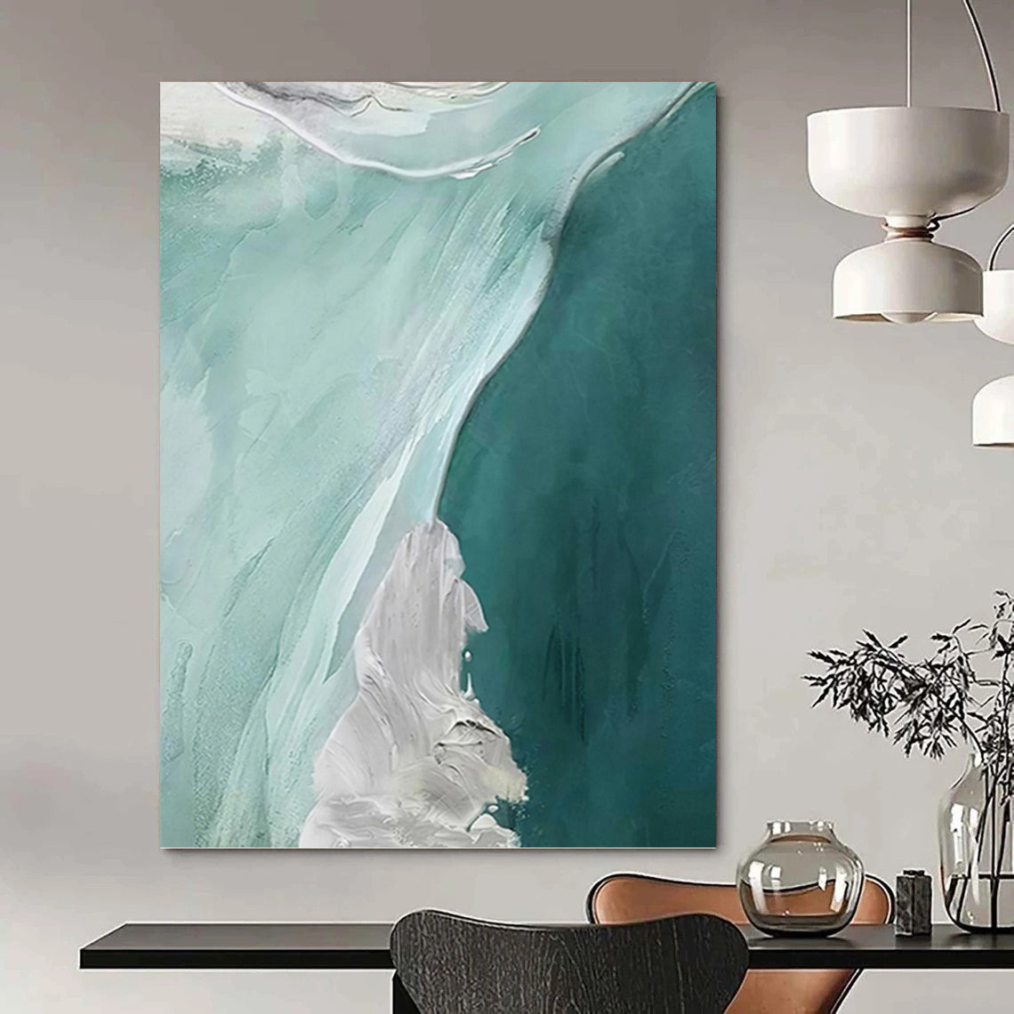 Teal & White Flow - Abstract Seascape Painting On Canvas DKH1236