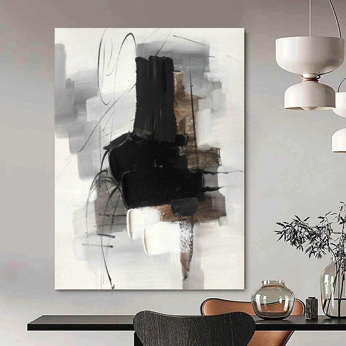 Monochrome Abstract Forms - Minimalist Abstract Painting On Canvas DKH1280