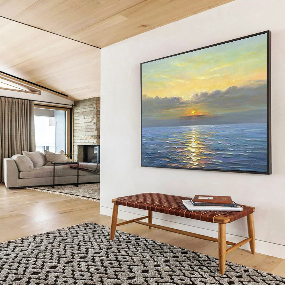 Sunset Over Ocean - Warm Yellow, Orange & Blue Seascape Painting On Canvas DKH883