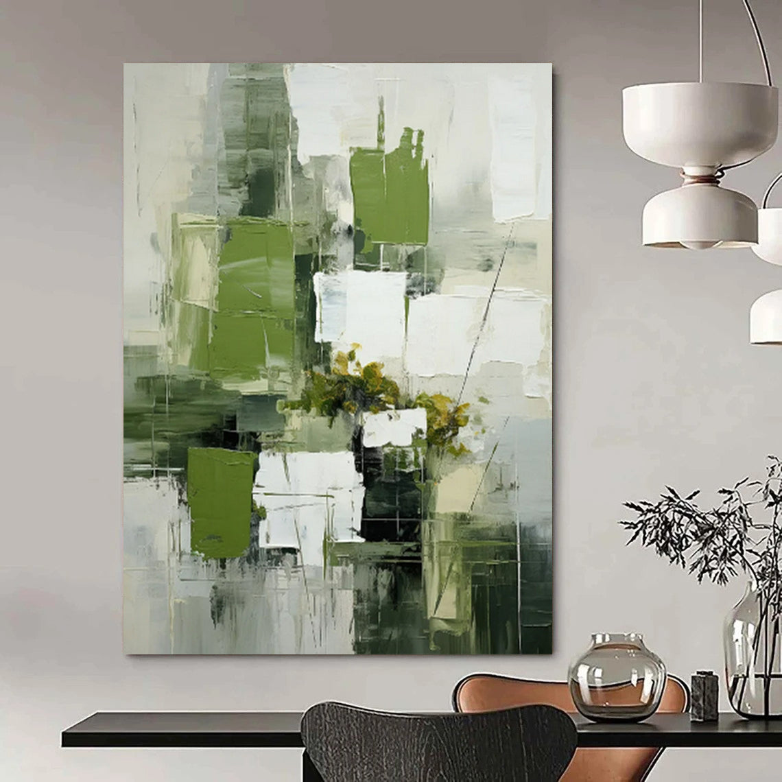 Green & White Geometric Floral - Abstract Still - Life Painting On Canvas CT2264