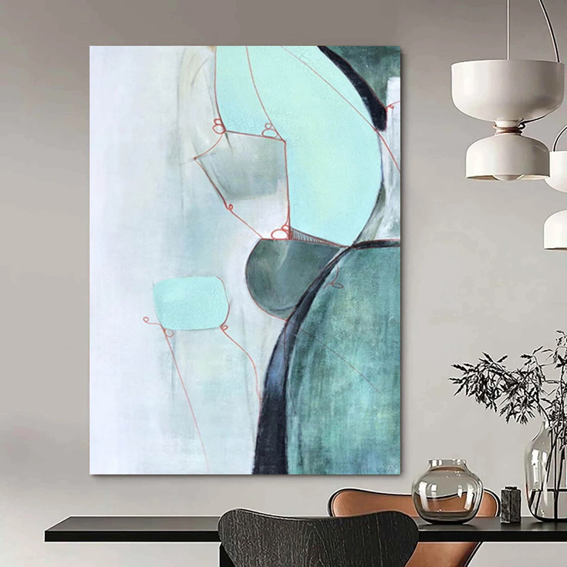 “Green and Red Abstract Shapes” - Green, Red, Gray Abstract Painting On Canvas DTP250